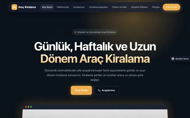 Rent a Car için Koyu Modern Mavi Turuncu – Rent a Car Web Sitesi ana sayfa görünümü