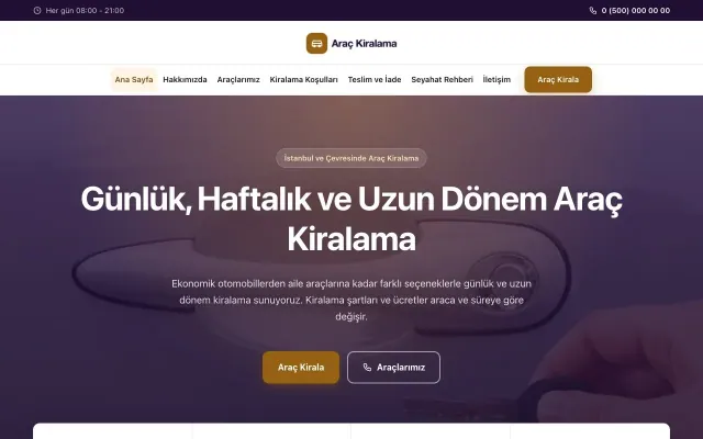 Merkez Mor Turuncu – Rent a Car Web Sitesi ana sayfa görünümü