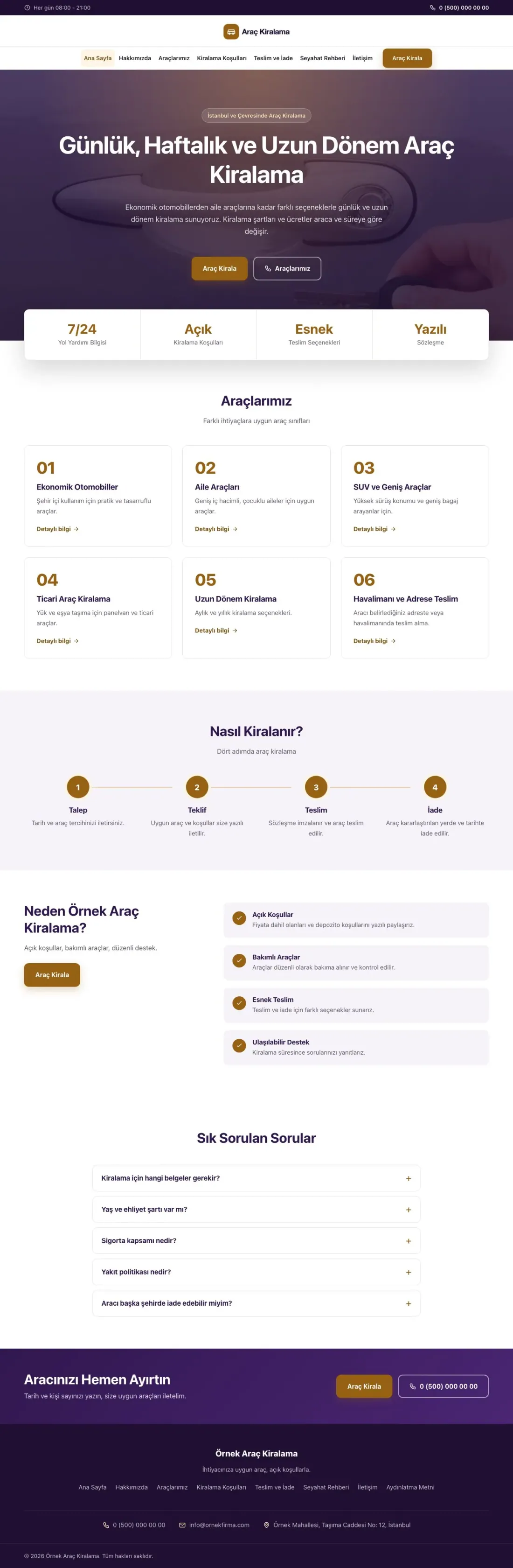 Merkez Mor Turuncu – Rent a Car Web Sitesi ana sayfa görünümü