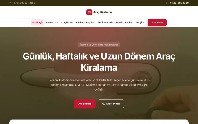 Merkez Zeytin Kırmızı – Rent a Car Web Sitesi ana sayfa görünümü
