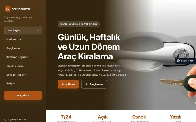 Rent a Car için Sol Menü Kahve Turuncu – Rent a Car Web Sitesi ana sayfa görünümü