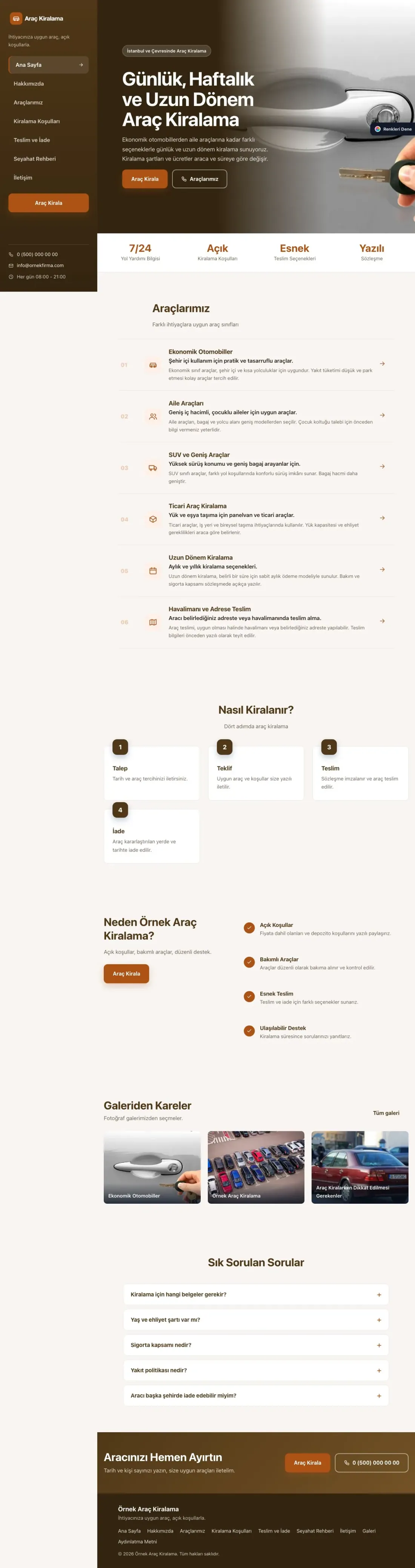 Rent a Car için Sol Menü Kahve Turuncu – Rent a Car Web Sitesi ana sayfa görünümü