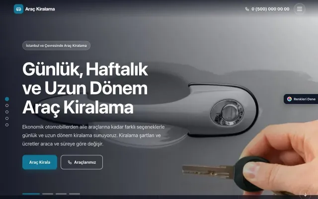 Rent a Car için Tam Ekran Petrol Turkuaz – Rent a Car Web Sitesi ana sayfa görünümü