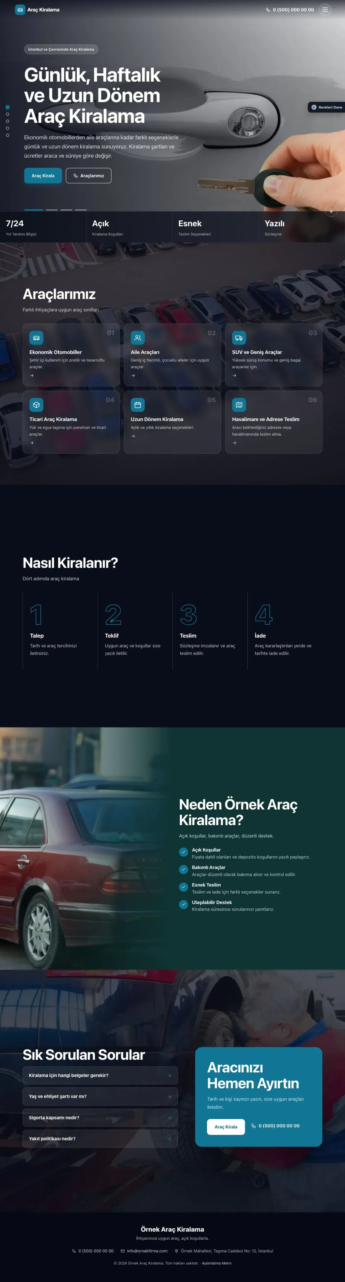 Rent a Car için Tam Ekran Petrol Turkuaz – Rent a Car Web Sitesi ana sayfa görünümü