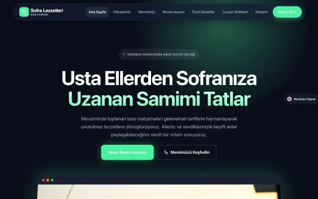 Restoran için Koyu Modern Mavi Yeşil – Restoran Web Sitesi ana sayfa görünümü