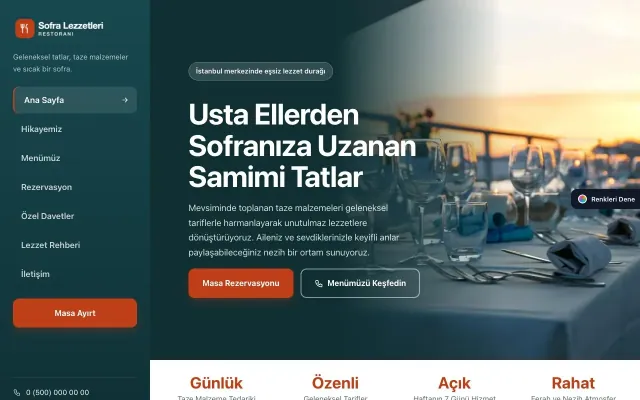 Restoran için Sol Menü Petrol Turuncu – Restoran Web Sitesi ana sayfa görünümü