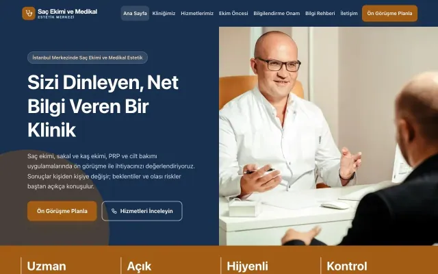Saç Ekimi ve Medikal Estetik için Blok Mavi Turuncu – Saç Ekimi ve Medikal Estetik Web Sitesi ana sayfa görünümü
