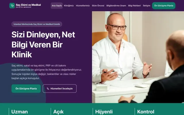 Saç Ekimi ve Medikal Estetik için Blok Mor Turkuaz – Saç Ekimi ve Medikal Estetik Web Sitesi ana sayfa görünümü