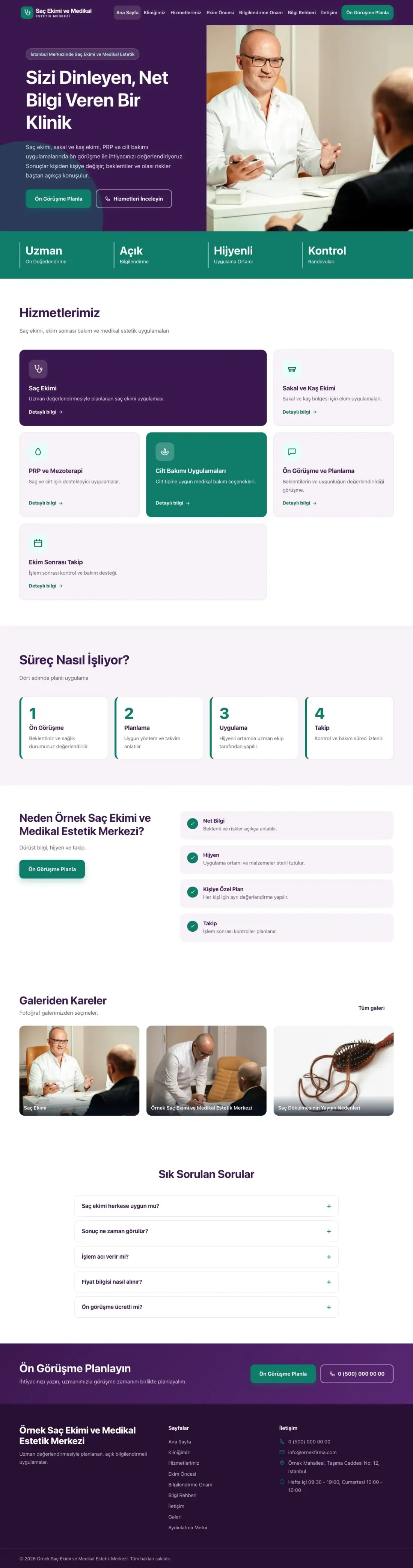 Saç Ekimi ve Medikal Estetik için Blok Mor Turkuaz – Saç Ekimi ve Medikal Estetik Web Sitesi ana sayfa görünümü