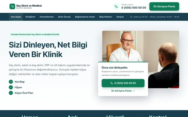 Saç Ekimi ve Medikal Estetik için Bölünmüş Mavi Turkuaz – Saç Ekimi ve Medikal Estetik Web Sitesi ana sayfa görünümü
