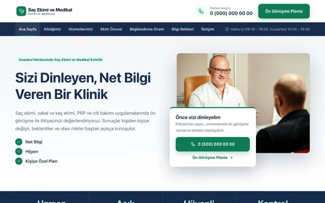 Saç Ekimi ve Medikal Estetik için Bölünmüş Mavi Turkuaz II – Saç Ekimi ve Medikal Estetik Web Sitesi ana sayfa görünümü