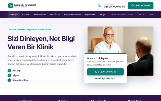 Saç Ekimi ve Medikal Estetik için Bölünmüş Mor Turkuaz – Saç Ekimi ve Medikal Estetik Web Sitesi ana sayfa görünümü