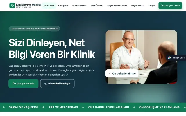Saç Ekimi ve Medikal Estetik için Hareketli Mavi Turkuaz – Saç Ekimi ve Medikal Estetik Web Sitesi ana sayfa görünümü