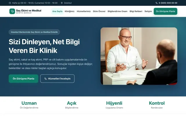 Saç Ekimi ve Medikal Estetik için Klasik Mavi Turkuaz – Saç Ekimi ve Medikal Estetik Web Sitesi ana sayfa görünümü