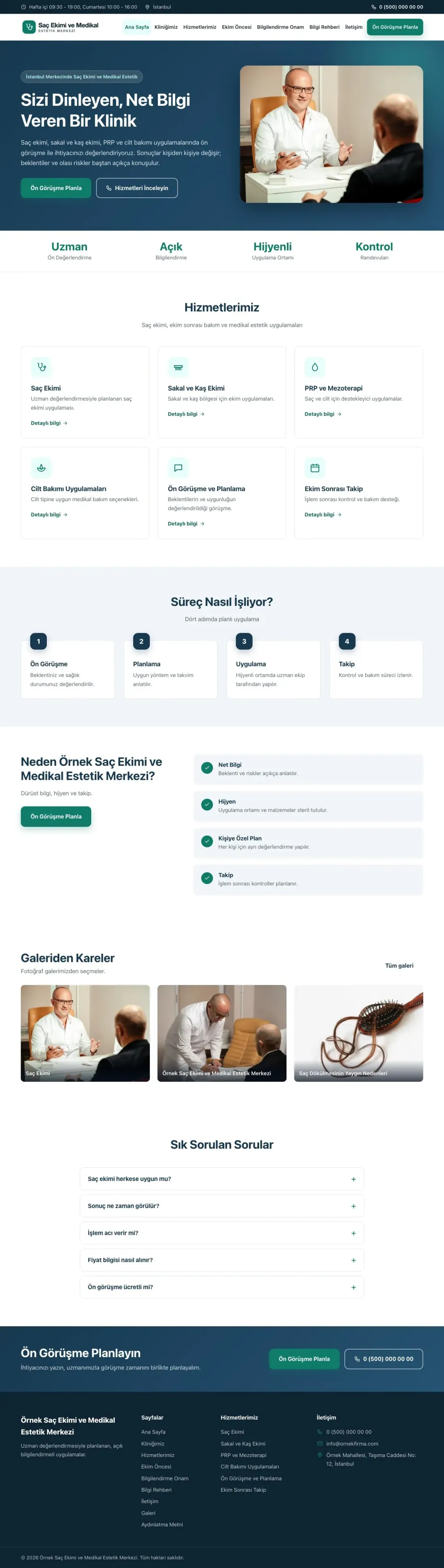 Saç Ekimi ve Medikal Estetik için Klasik Mavi Turkuaz – Saç Ekimi ve Medikal Estetik Web Sitesi ana sayfa görünümü