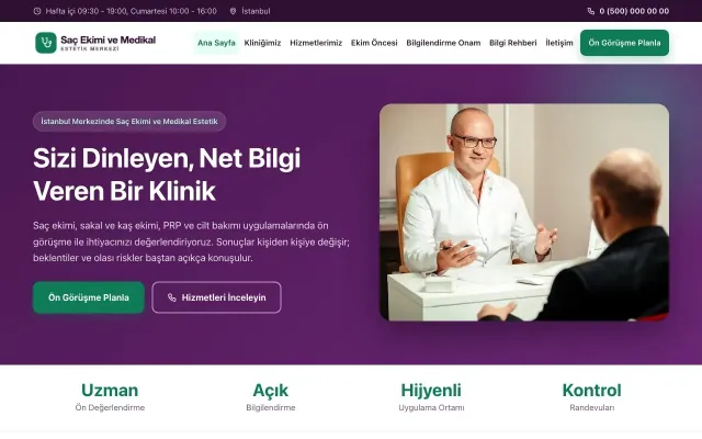 Saç Ekimi ve Medikal Estetik için Klasik Mor Turkuaz – Saç Ekimi ve Medikal Estetik Web Sitesi ana sayfa görünümü