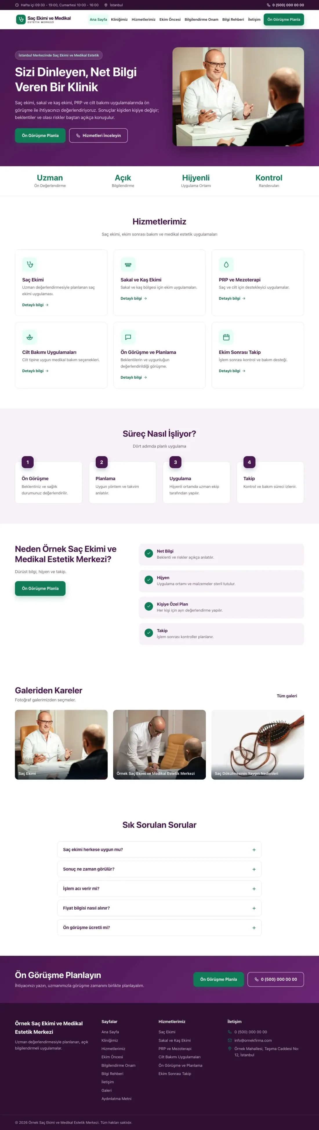 Saç Ekimi ve Medikal Estetik için Klasik Mor Turkuaz – Saç Ekimi ve Medikal Estetik Web Sitesi ana sayfa görünümü