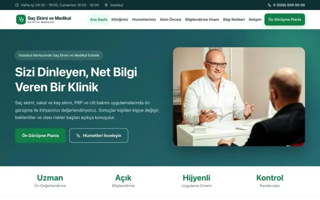 Saç Ekimi ve Medikal Estetik için Klasik Petrol Yeşil – Saç Ekimi ve Medikal Estetik Web Sitesi ana sayfa görünümü