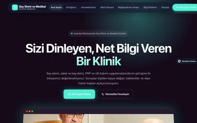 Saç Ekimi ve Medikal Estetik için Koyu Modern Mor Turkuaz – Saç Ekimi ve Medikal Estetik Web Sitesi ana sayfa görünümü