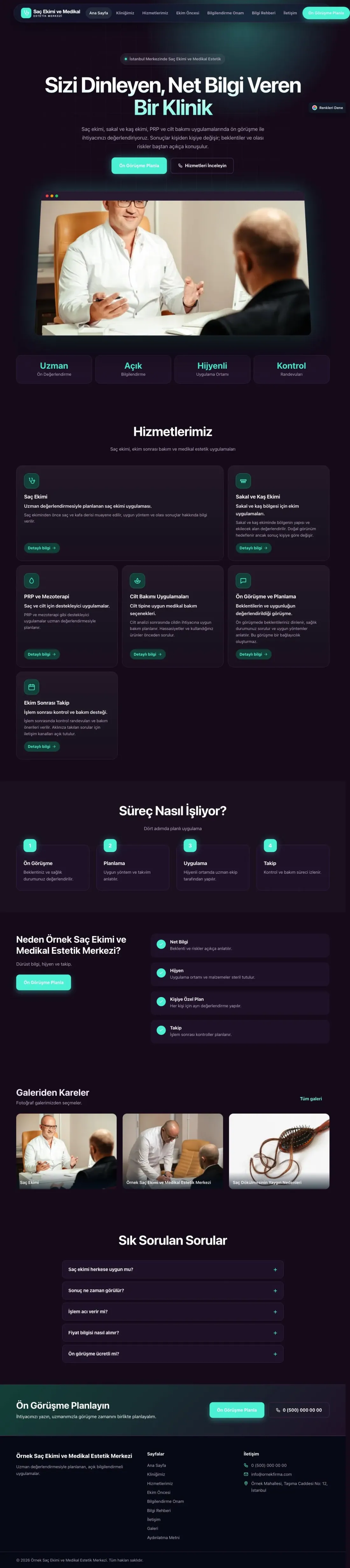 Saç Ekimi ve Medikal Estetik için Koyu Modern Mor Turkuaz – Saç Ekimi ve Medikal Estetik Web Sitesi ana sayfa görünümü