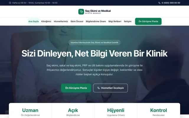 Saç Ekimi ve Medikal Estetik için Merkez Lacivert Turkuaz – Saç Ekimi ve Medikal Estetik Web Sitesi ana sayfa görünümü