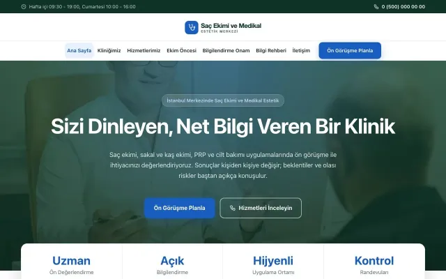 Saç Ekimi ve Medikal Estetik için Merkez Petrol Mavi – Saç Ekimi ve Medikal Estetik Web Sitesi ana sayfa görünümü