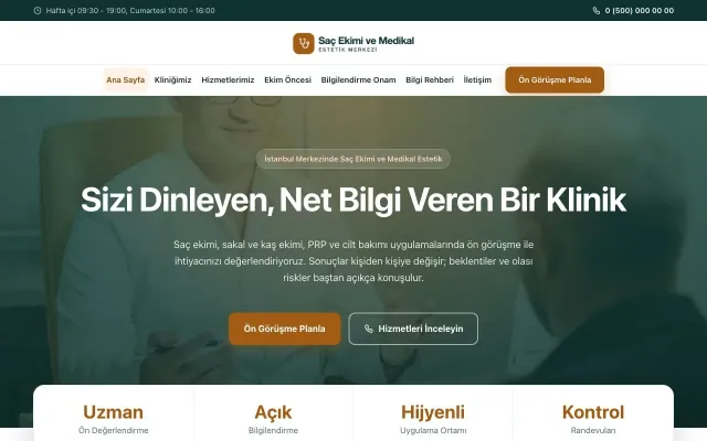 Saç Ekimi ve Medikal Estetik için Merkez Petrol Turuncu – Saç Ekimi ve Medikal Estetik Web Sitesi ana sayfa görünümü
