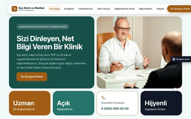 Saç Ekimi ve Medikal Estetik için Mozaik Petrol Turuncu – Saç Ekimi ve Medikal Estetik Web Sitesi ana sayfa görünümü