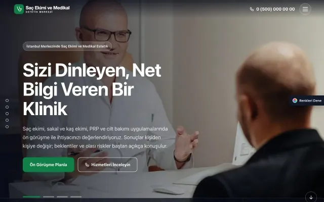 Saç Ekimi ve Medikal Estetik için Tam Ekran Petrol Yeşil – Saç Ekimi ve Medikal Estetik Web Sitesi ana sayfa görünümü