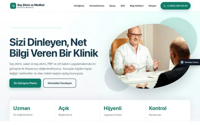 Saç Ekimi ve Medikal Estetik için Tek Sayfa Mavi Turkuaz – Saç Ekimi ve Medikal Estetik Web Sitesi ana sayfa görünümü