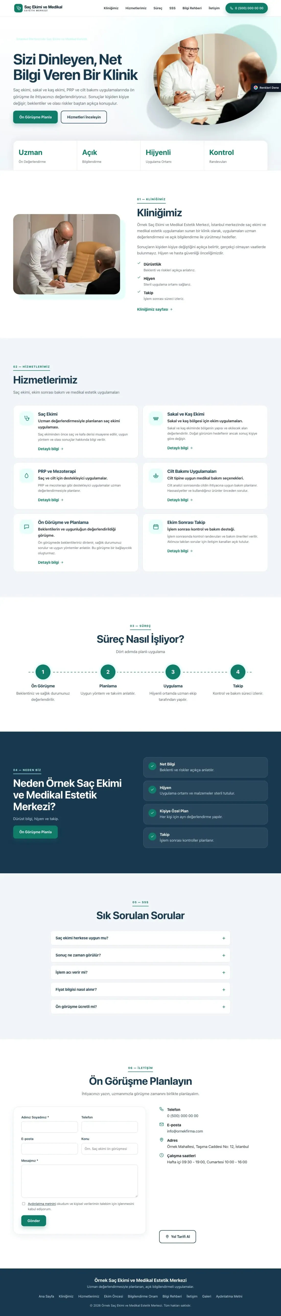 Saç Ekimi ve Medikal Estetik için Tek Sayfa Mavi Turkuaz – Saç Ekimi ve Medikal Estetik Web Sitesi ana sayfa görünümü