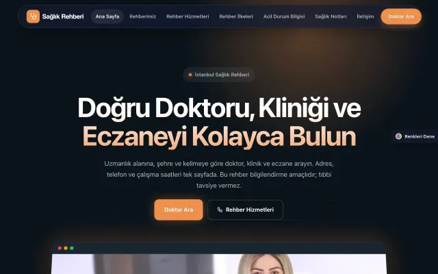 Sağlık Rehberi için Koyu Modern Mavi Turuncu – Sağlık Rehberi Web Sitesi ana sayfa görünümü