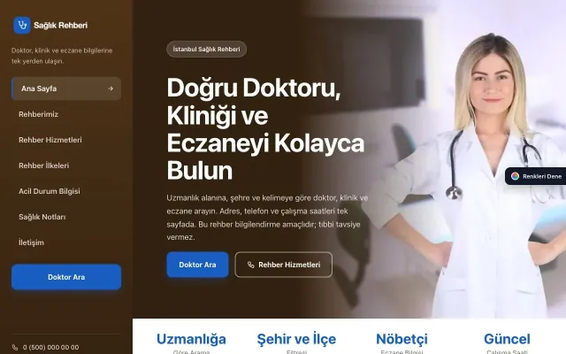 Sağlık Rehberi için Sol Menü Kahve Mavi – Sağlık Rehberi Web Sitesi ana sayfa görünümü