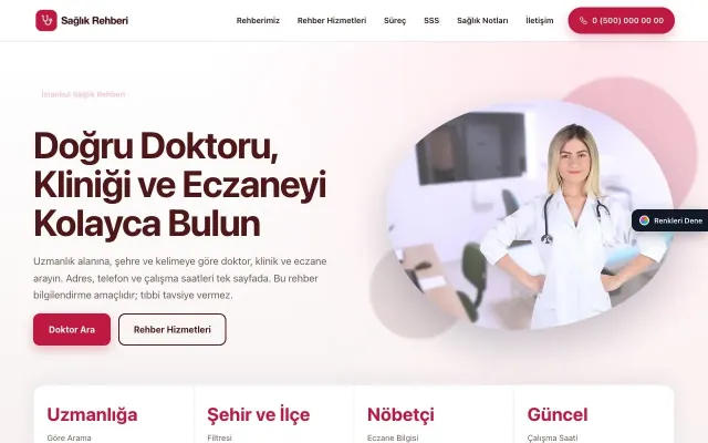 Sağlık Rehberi için Tek Sayfa Bordo Kırmızı – Sağlık Rehberi Web Sitesi ana sayfa görünümü