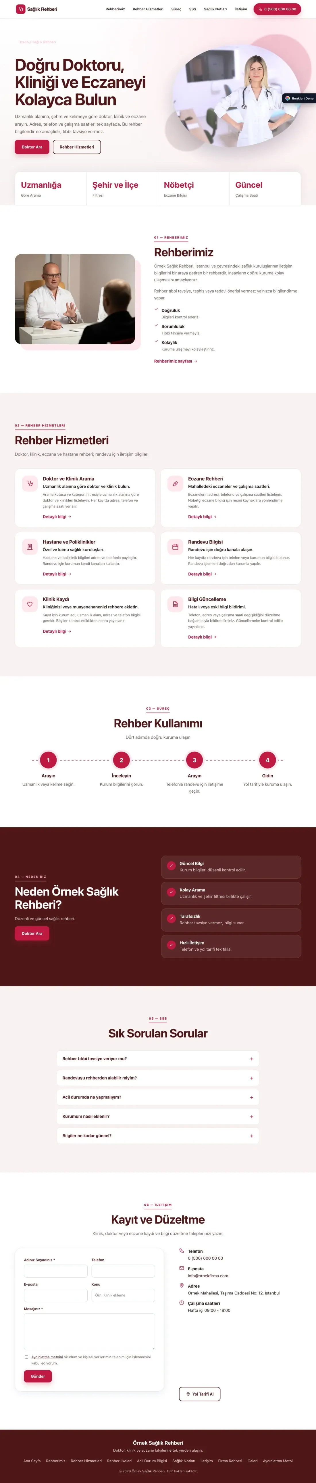 Sağlık Rehberi için Tek Sayfa Bordo Kırmızı – Sağlık Rehberi Web Sitesi ana sayfa görünümü