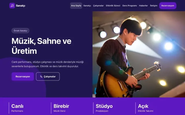 Blok Lacivert Mor – Sanatçı ve Müzisyen Web Sitesi ana sayfa görünümü