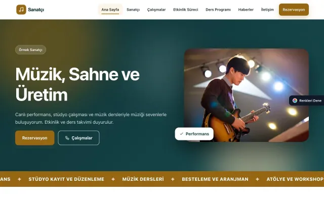 Sanatçı ve Müzisyen için Hareketli Petrol Turuncu – Sanatçı ve Müzisyen Web Sitesi ana sayfa görünümü