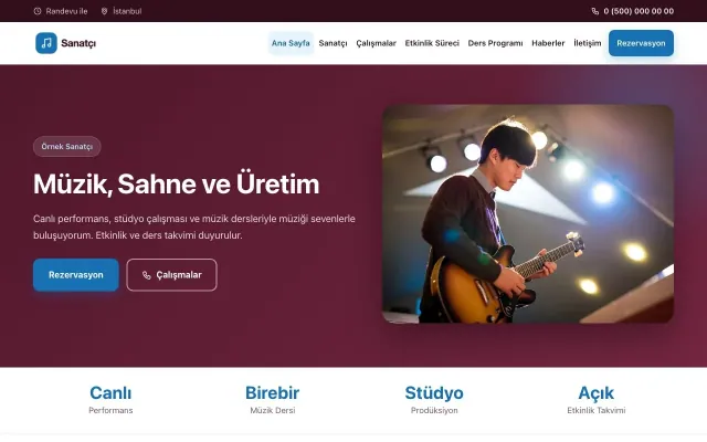 Klasik Bordo Mavi – Sanatçı ve Müzisyen Web Sitesi ana sayfa görünümü