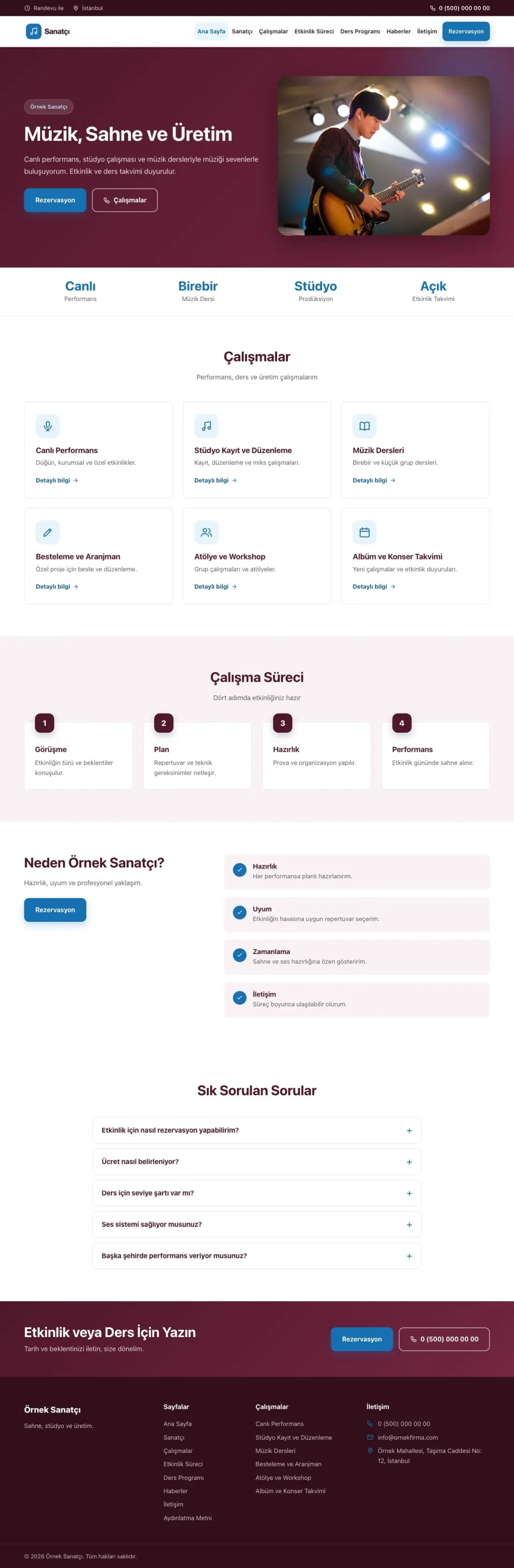 Klasik Bordo Mavi – Sanatçı ve Müzisyen Web Sitesi ana sayfa görünümü