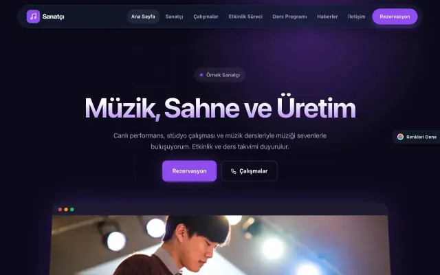 Sanatçı ve Müzisyen için Koyu Modern Lacivert Mor – Sanatçı ve Müzisyen Web Sitesi ana sayfa görünümü