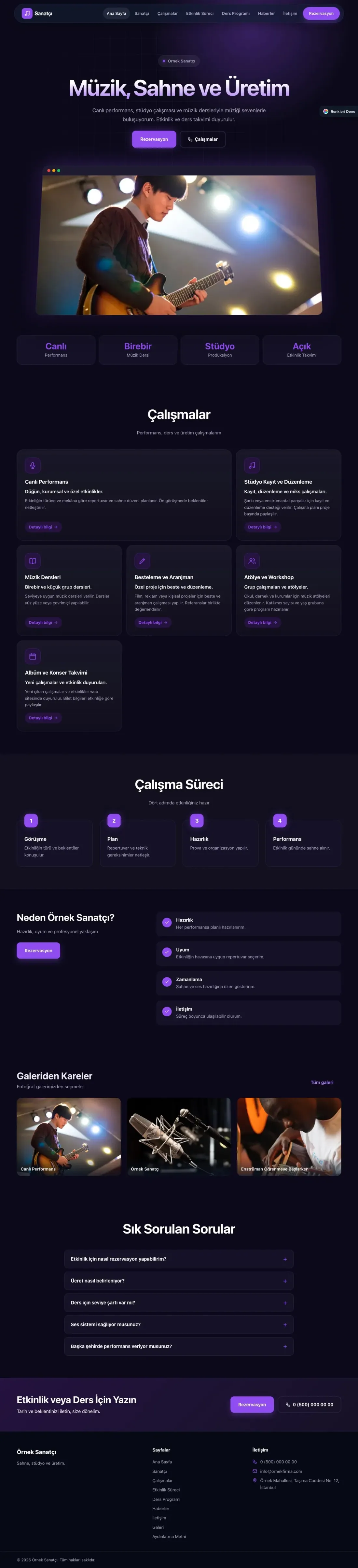 Sanatçı ve Müzisyen için Koyu Modern Lacivert Mor – Sanatçı ve Müzisyen Web Sitesi ana sayfa görünümü