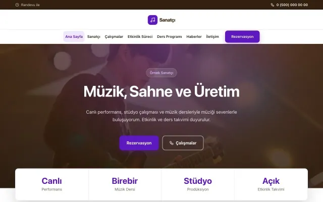 Merkez Kahve Mor – Sanatçı ve Müzisyen Web Sitesi ana sayfa görünümü