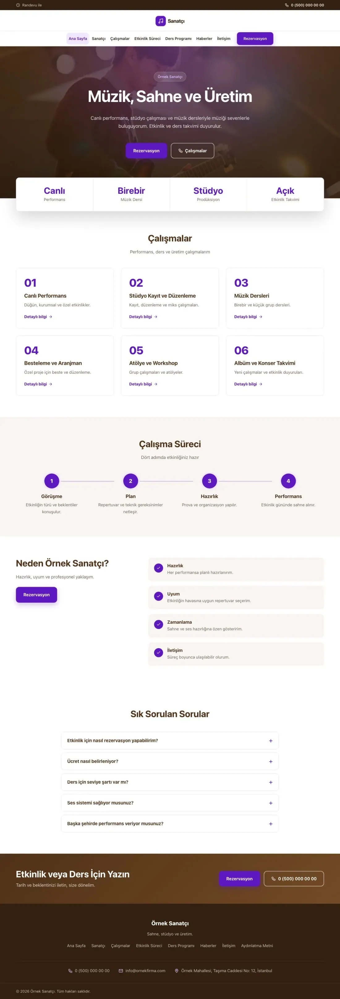 Merkez Kahve Mor – Sanatçı ve Müzisyen Web Sitesi ana sayfa görünümü