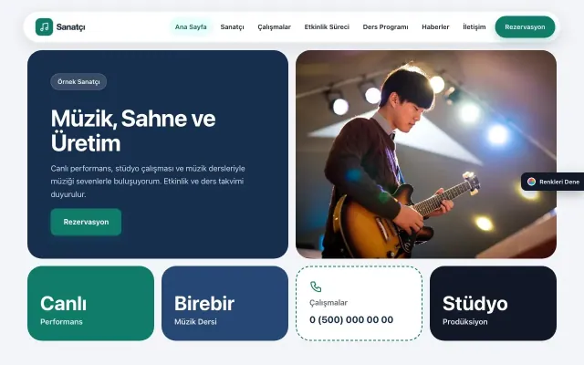 Sanatçı ve Müzisyen için Mozaik Mavi Turkuaz – Sanatçı ve Müzisyen Web Sitesi ana sayfa görünümü