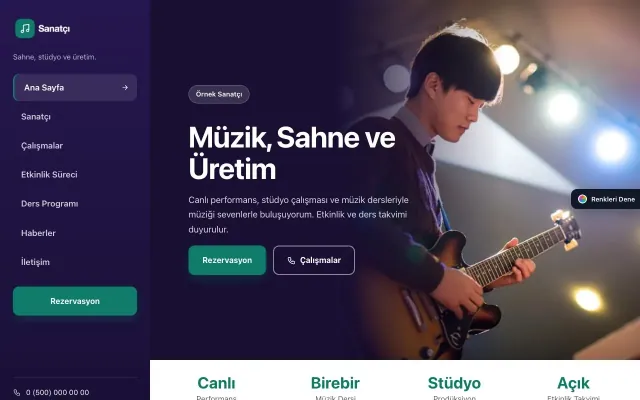 Sanatçı ve Müzisyen için Sol Menü Mor Turkuaz – Sanatçı ve Müzisyen Web Sitesi ana sayfa görünümü