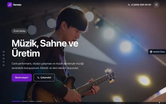 Sanatçı ve Müzisyen için Tam Ekran Lacivert Mor – Sanatçı ve Müzisyen Web Sitesi ana sayfa görünümü