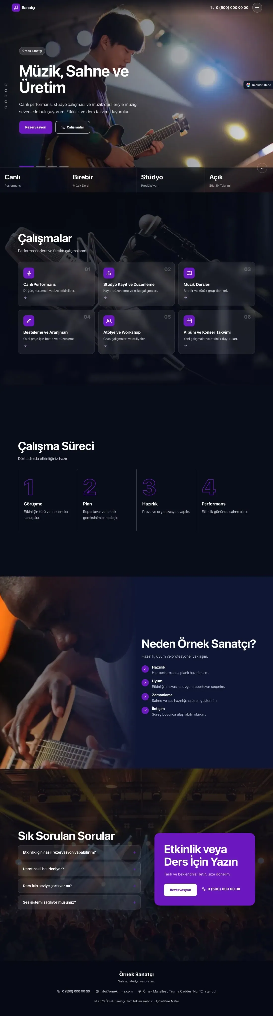 Sanatçı ve Müzisyen için Tam Ekran Lacivert Mor – Sanatçı ve Müzisyen Web Sitesi ana sayfa görünümü