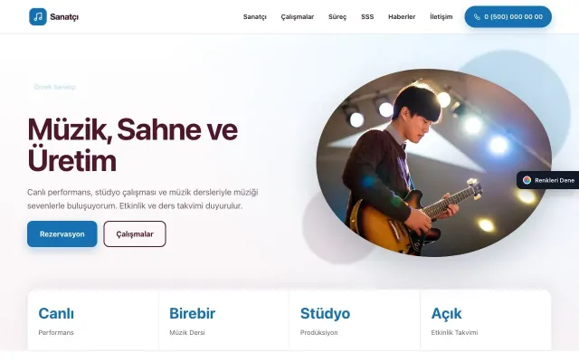 Sanatçı ve Müzisyen için Tek Sayfa Bordo Mavi – Sanatçı ve Müzisyen Web Sitesi ana sayfa görünümü