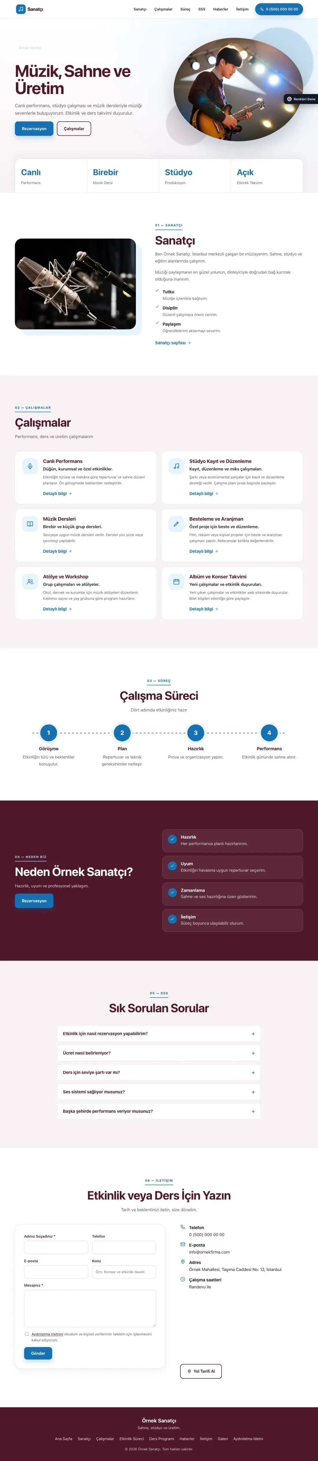 Sanatçı ve Müzisyen için Tek Sayfa Bordo Mavi – Sanatçı ve Müzisyen Web Sitesi ana sayfa görünümü