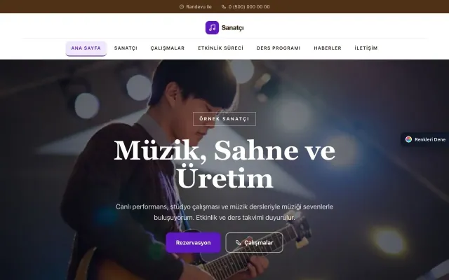 Sanatçı ve Müzisyen için Zigzag Kahve Mor – Sanatçı ve Müzisyen Web Sitesi ana sayfa görünümü